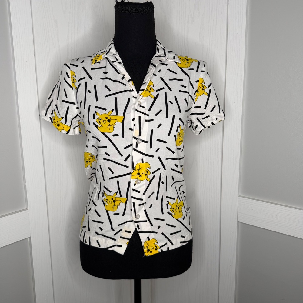 Pokemon Button Down Shirt Womens Small White Pikachu Print Short Sleeve Rayon